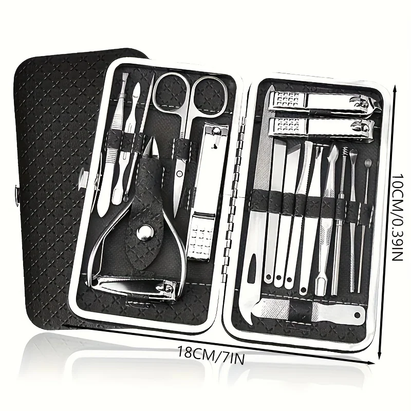 19pcs  Classic Box Nail & Pedicure Tools ，Portable Flat Set Nail Clipper Set High End Care Home Stainless Steel