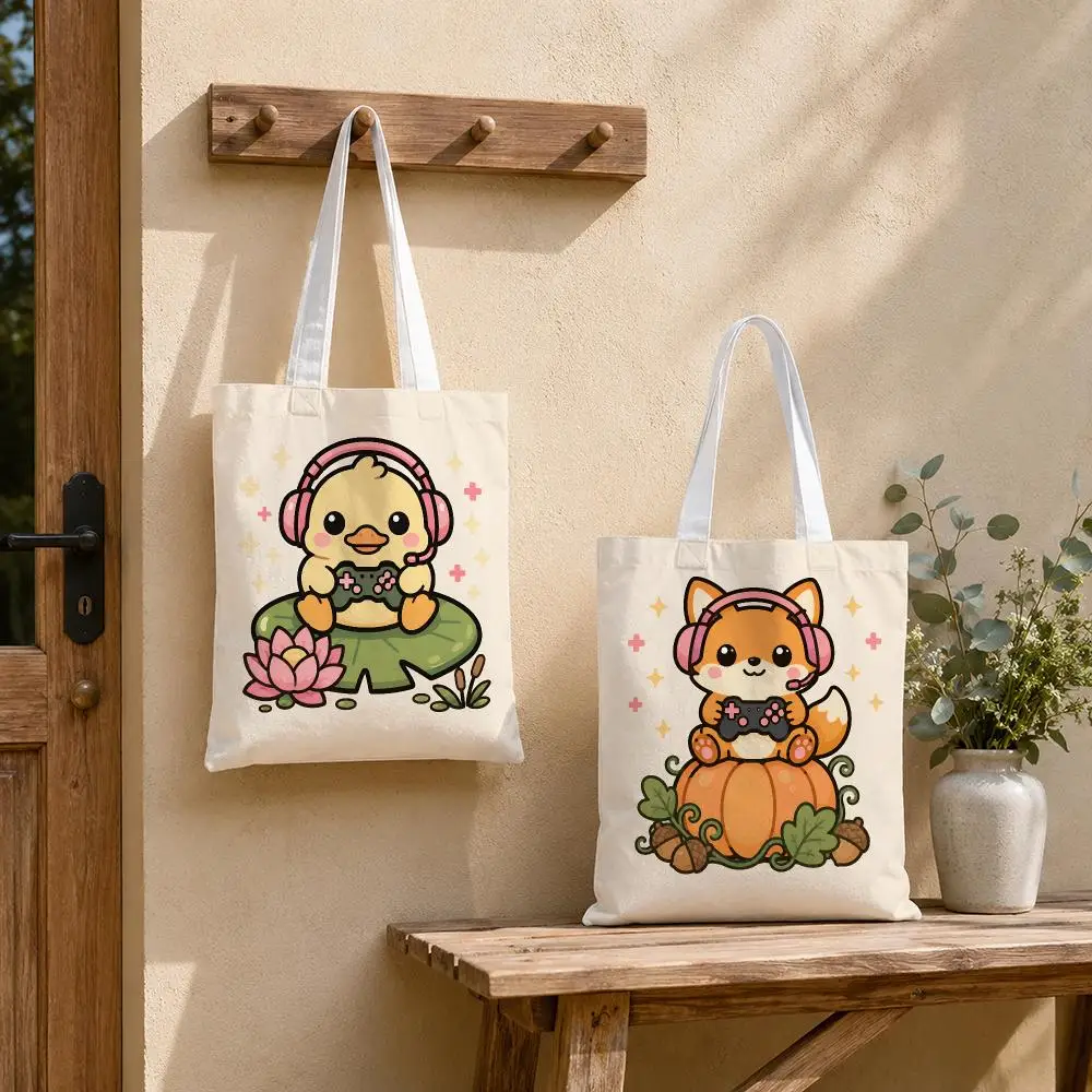 Kawaii Gamer Animals Storage Bags Tote Bag Reusable Shoulder Shopping Foldable For School Work Travel Daily Use