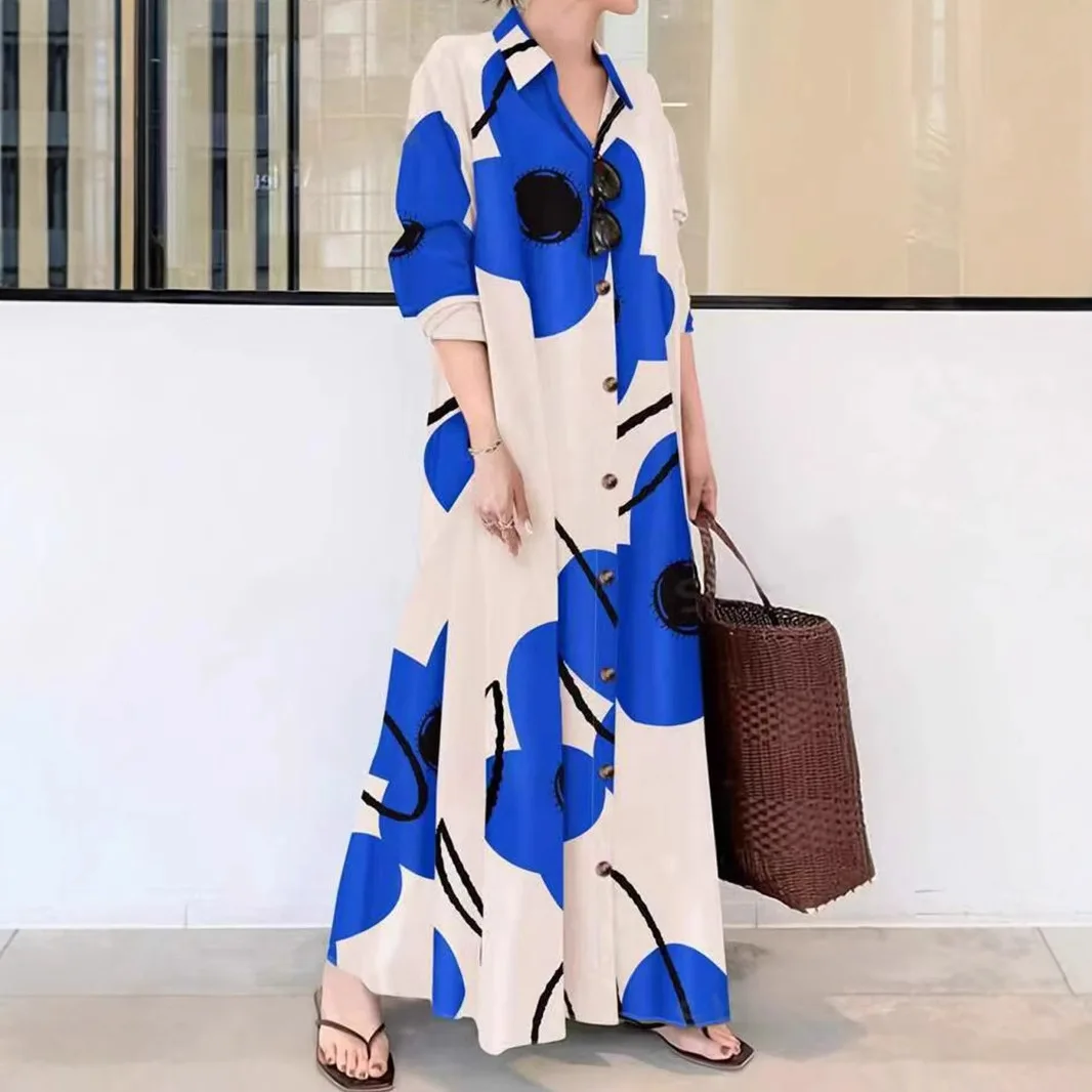 وصل حديثًا ربيع 2025 فستان طويل الأكمام مطبوع فضفاض أنيق بصدر واحد متعدد الأزرار #2