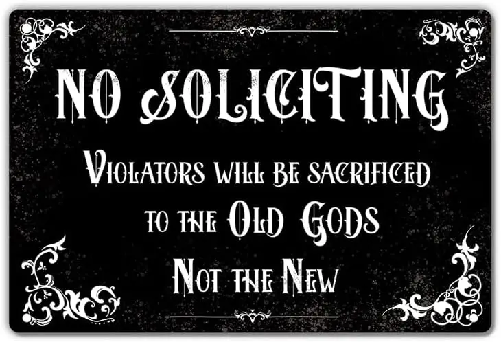 No Soliciting Dark Humor Tin Sign, Black Gothic Vintage Witchcraft Halloween Decoration, 8x12 Inch / 20x30cm