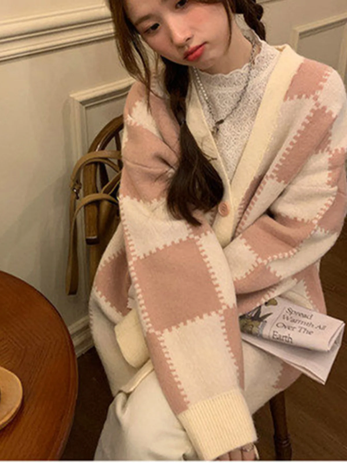 Slimming Autumn Winter V-ne Knitwear Casual Long Sve Chboard Pattern Small Fraance Sle Loose Open Cardigan Sweater