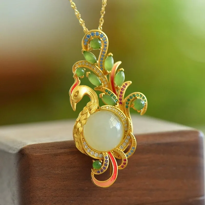 

Natural Hetian White Jade Exquisitely Carved Peacock Necklace Vintage and High-end Ethnic Style Pendant Wedding Jewelry