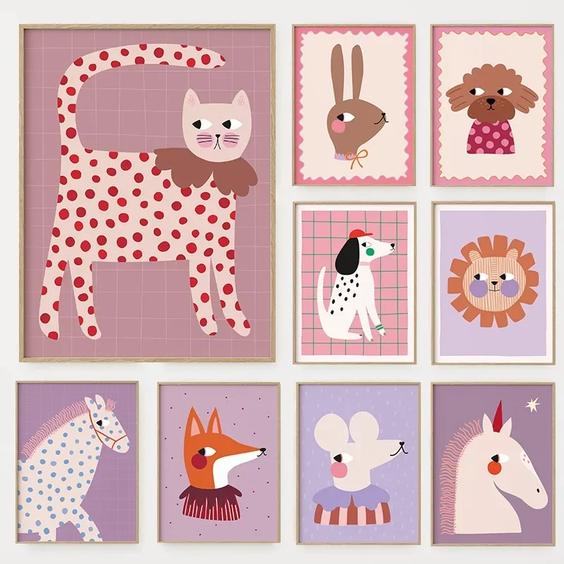 Affiche illustrative de dessins animés d'animaux mignons, sans cadre, chien, chat, souris, lion, licorne, peinture sur toile, Art mural pour chambre d'enfant, maison, crèche
