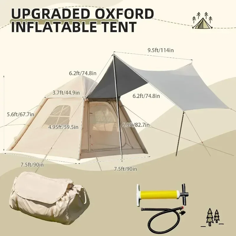 Extra Large Inflatable Camping Tent, Glamping Tents Easy Setup 4 Season Windproof Outdoor Cotton Tent & Mesh Windows & Pump