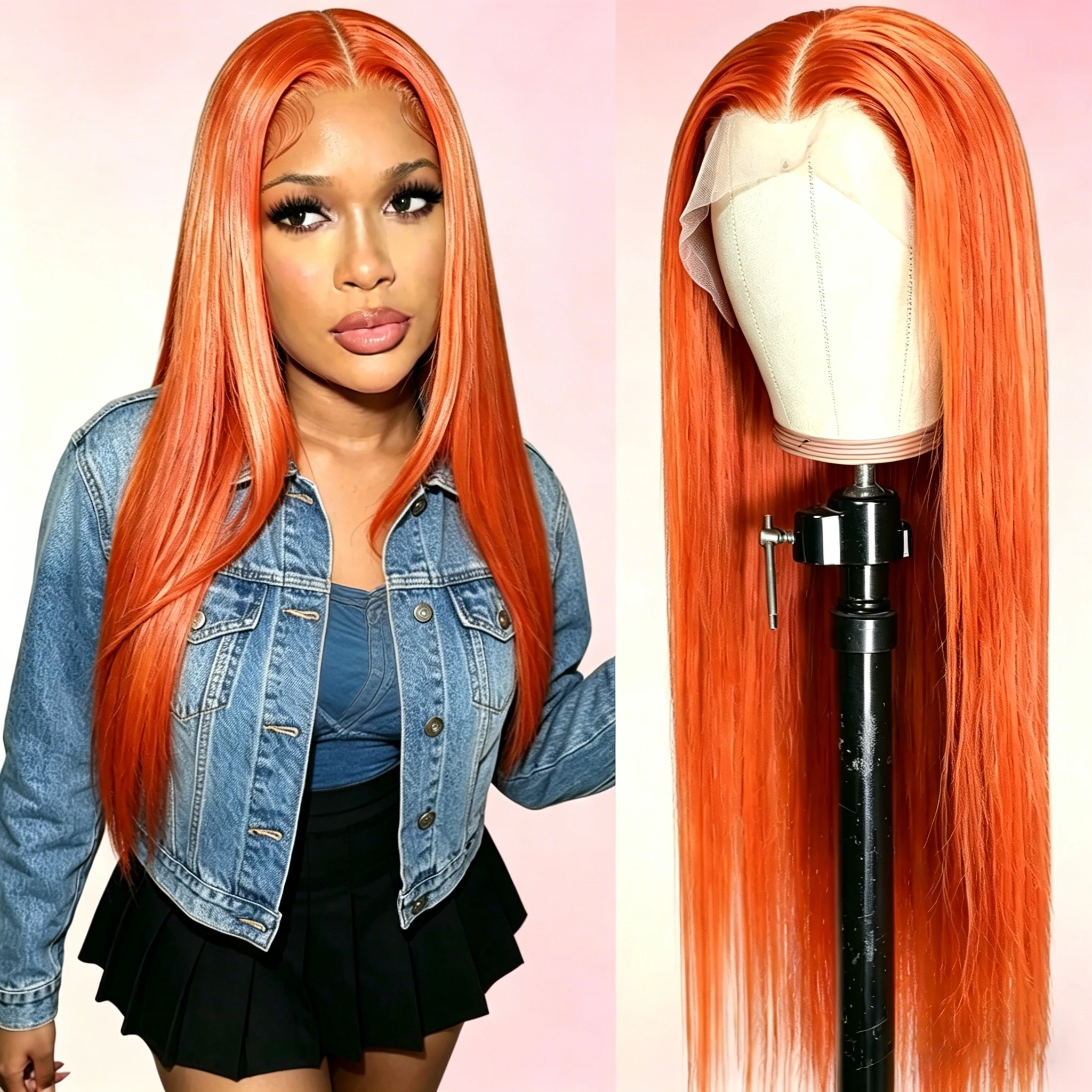 

34Inch Ginger Lace Front Wig Human Hair 13X6 HD Transparent Lace Frontal Wig 350 Colored Straight Lace Wig Orange Wig Human Hair