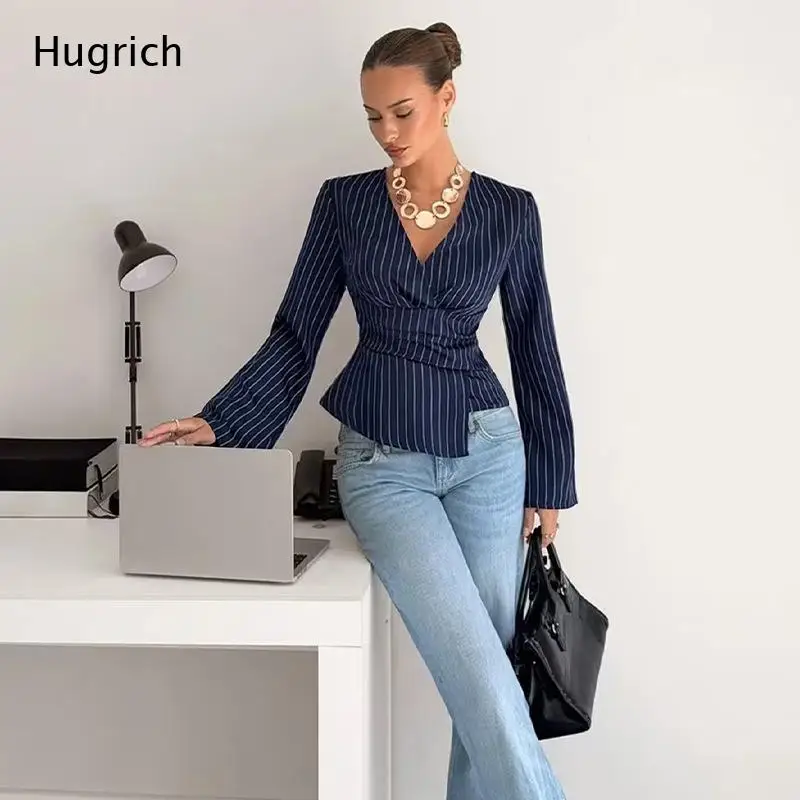 Navy Pinstripe Deep V Neck Blouse Ruched Waist Flared Long Sleeve Asymmetric Peplum Slim Fit Top