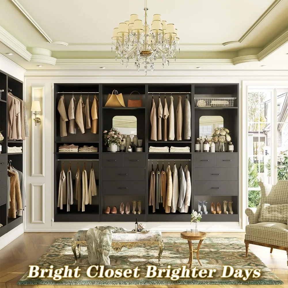 8.3-Foot Large Walk-In Closet Organizer with Drawers, Hanging Rods, and Mirrored Design