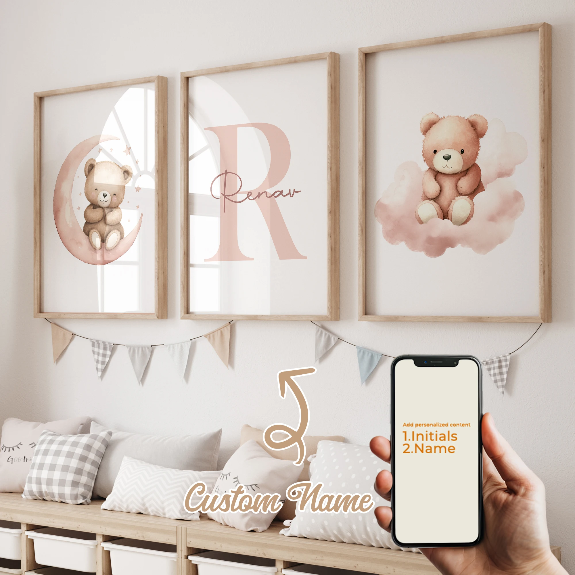

3pcs Pink Dream Bear Moon Name Customization Wall Art Prints Canvas Painting Poster Picture For Living Bed Room Home Decor