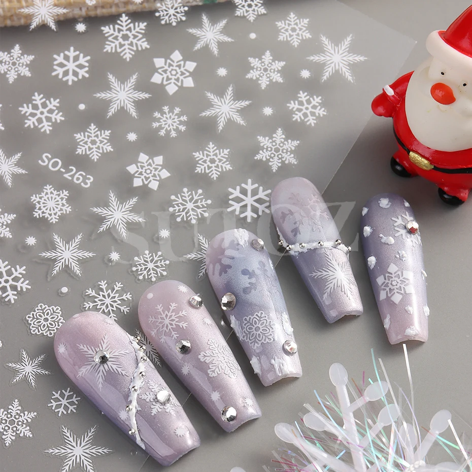 White Snowflake Christmas Nail Art Stickers Xmas Snow Flower Deer Trees Festive Red Santa Claus New Year Manicure Decor LESO-263