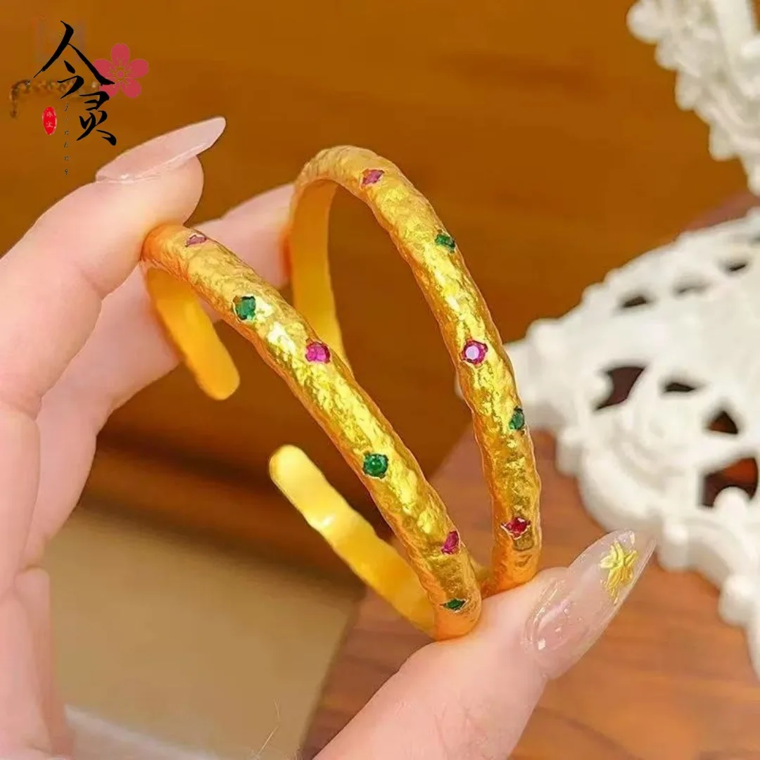 

Diamond-Studded Hammered Shiny Open Bracelet Women 24K Gold AU999 - Sparkly diamonds, unique hammered, easy open