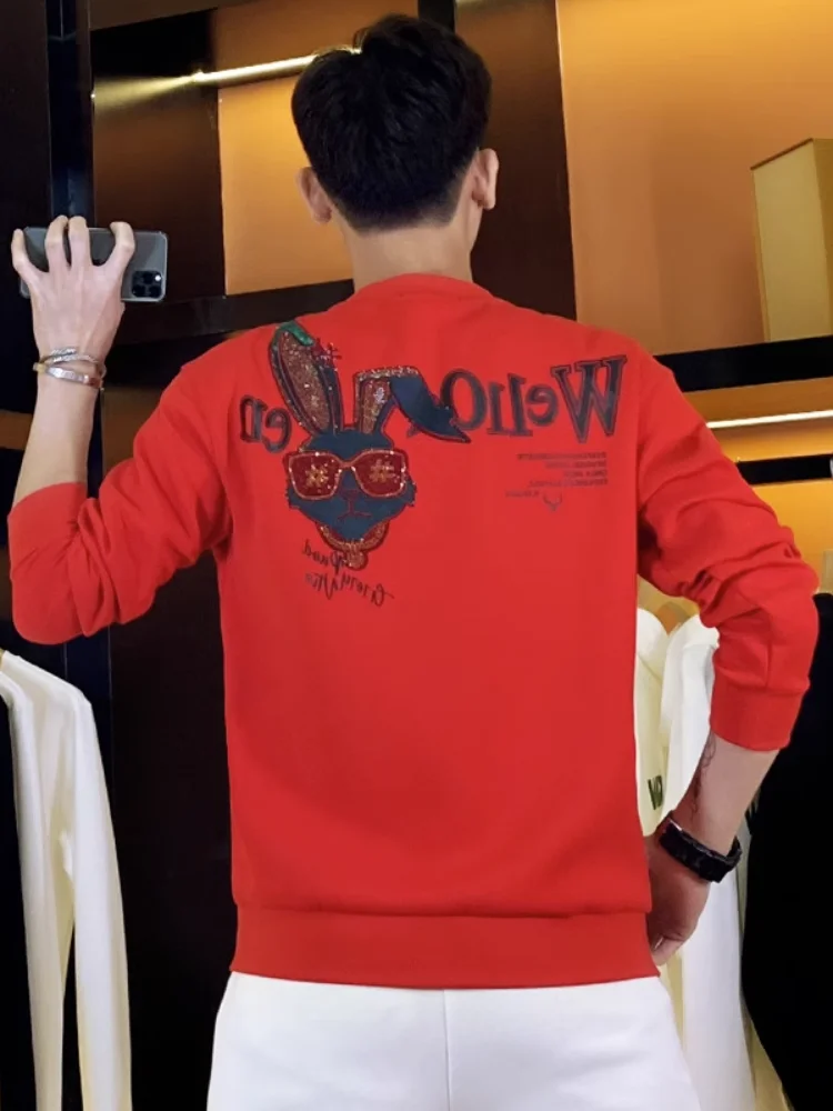 

Trendy Heavy-Du Men's Hoodie Spring Autumn New Sle Rabbit Print Casual Long Sve Top Youth Faion Cotton Polyester Blend