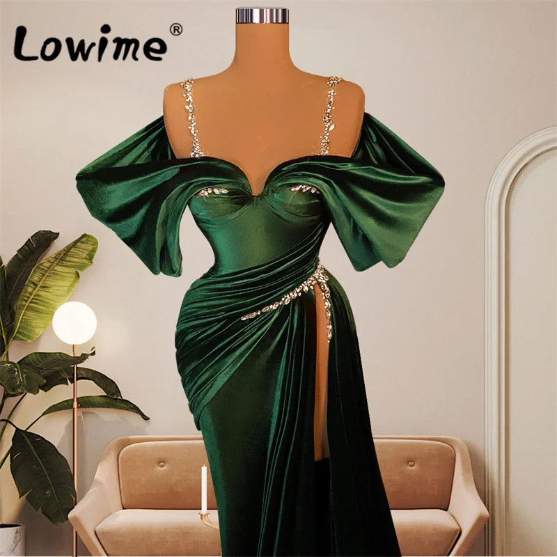 Vestidos de Noche largos y elegantes de terciopelo, color verde oscuro, talla grande, sirena árabe, Dubái, tirantes finos, para fiesta de graduación, 2022