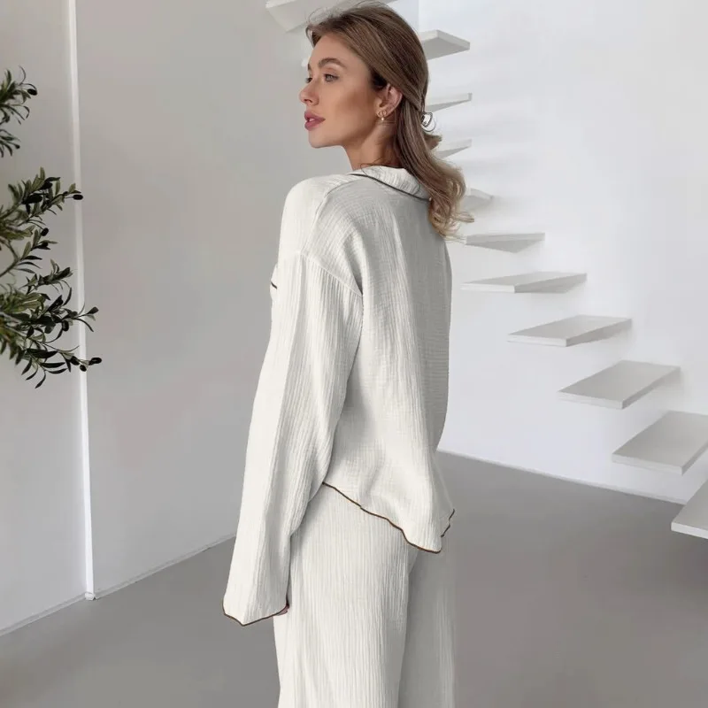2025 European American Autumn Women’s Loose Fitting White Cotton Wrinkled Long Sleeve Pajama Set Pants Home Sleep Wear Cotton L