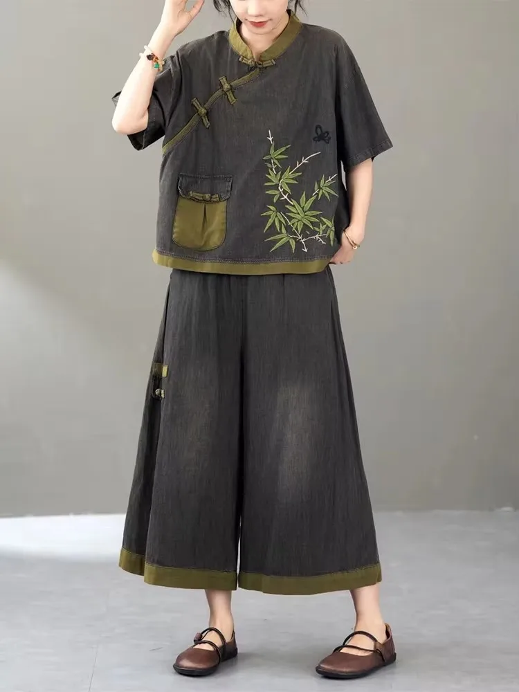 AmaxluluE Summer Womens Embroidery Plus Size 2 Pieces Sets Loose Casual Tops Wide Leg Pants Denim Outfits Fashion Floral Suits