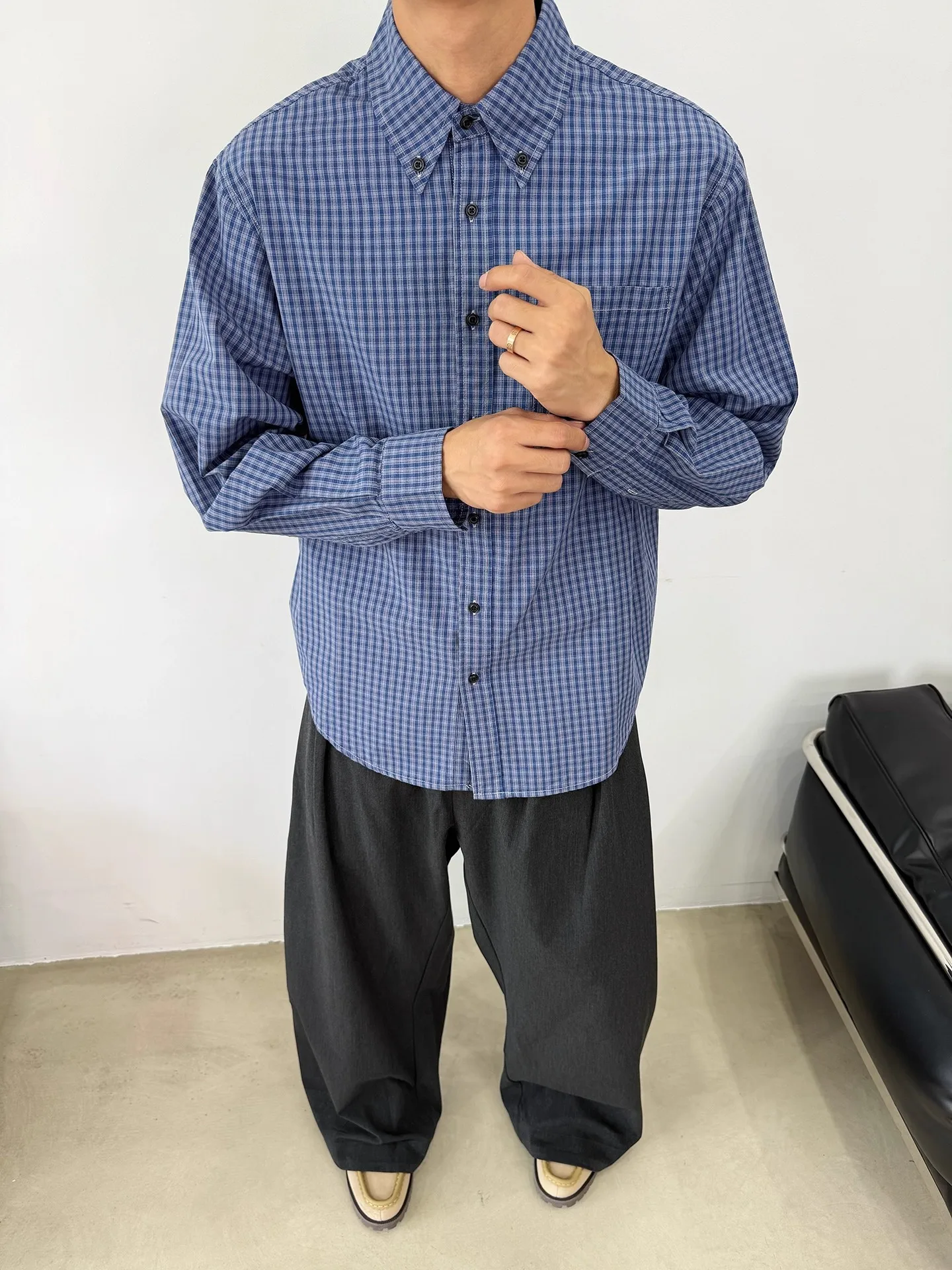 

Cleanfit Loose Pure Cotton Long Sve irt Couple's Cheered Blue American Sle Men's Casual irt Youth Faion Autumn Wear