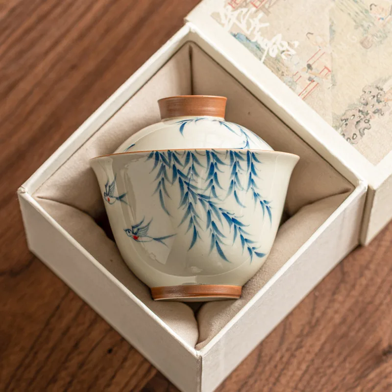 Wood Gray Warm Warblers New Willow Ercai Cover Bowl High-grade Ceramic Kung Fu Tea Set Tea Cup Tea Bowl With Lid Gift Box