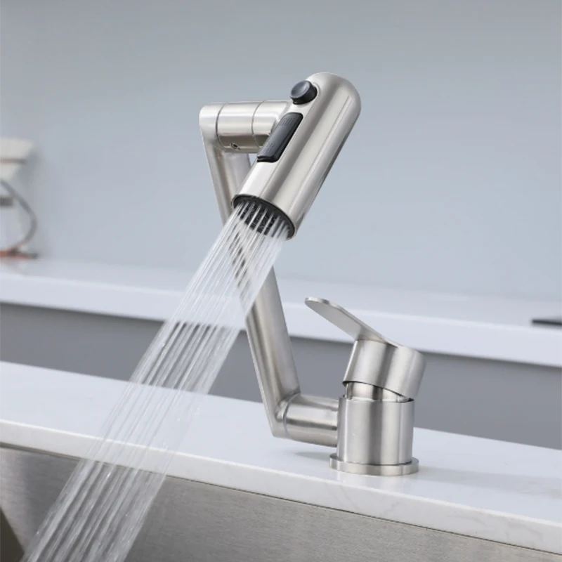 Single Hole Kitchen Sink Faucet Stainless Steel 1 Handle Hot and Cold Mixer Tap Deck Mount 3 Mode Kitchen Folding Faucet Brushed
