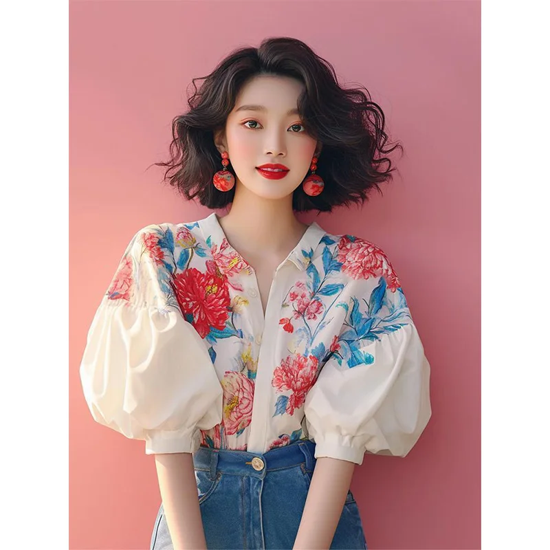 

Ele Floral Print irt Beautiful Bubble Sve Ladies Top Faionable Summer Casual irt Five Sve Regular Length