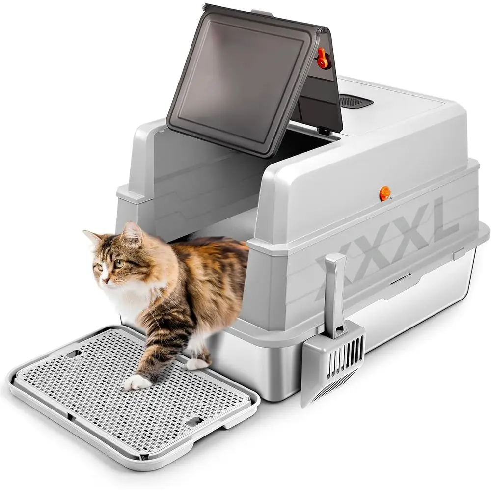 Extra Large 28x20x17 Enclosed Metal Cat Litter Box with Lid, Litter Scoop & Foot Pedal, Odor Control, Ideal for Multiple Cats (L