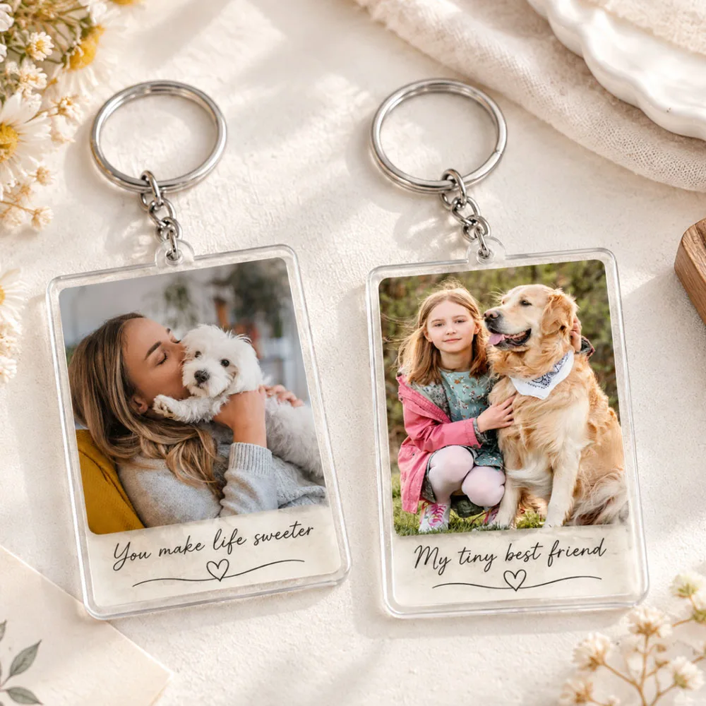 Custom Photo With Text Acrylic Keychain Rectangular Pendant Personalized Picture Names Memorable Keyring Gift For Family/Friend