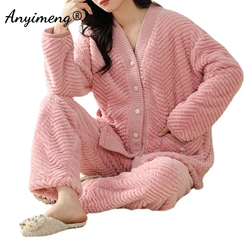 

New Plush Velvet Pajamas Set Winter Kimono Pijamas for Women Fashion Pink Warm Loungewear Women Korean Cardigan Sleepwear