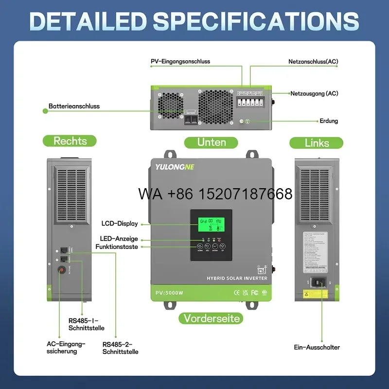 Wmwmnu for Grid Hybrid Solar Inverter 2500W 5000W 94 Percent Efficiency 24V Input Grid Feed Built in MPPT Pure Sine Wave Home