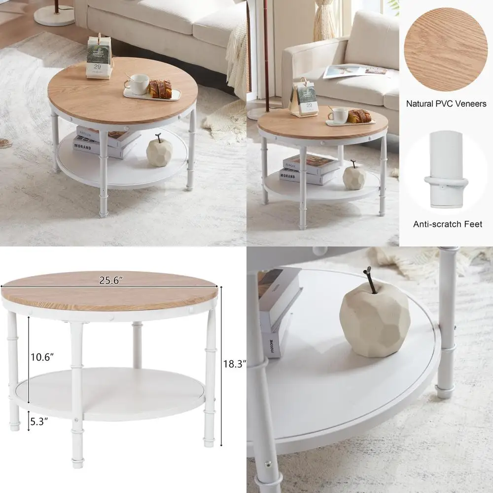 Tavolino da caffè rotondo da fattoria a 2 livelli bianco naturale con contenitore per accenti di soggiorno e camera da letto