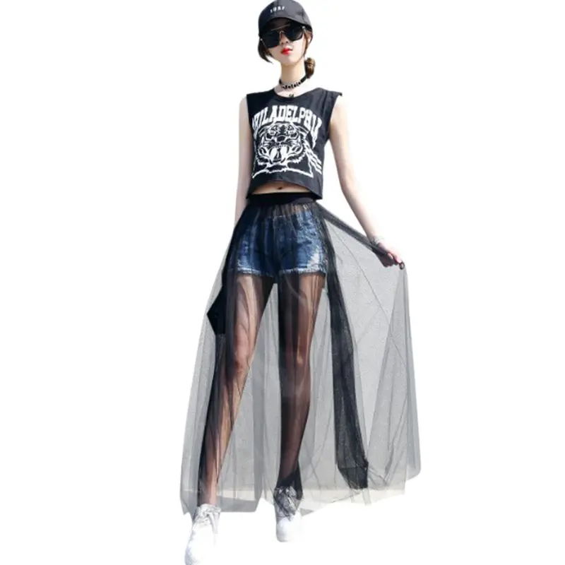 Siatkowe półspódnice dla kobiet Letnia elegancka przędza Perspektywa Długa spódnica Kobieca seksowna solidna wysoka talia Przezroczyste spódnice klubowe