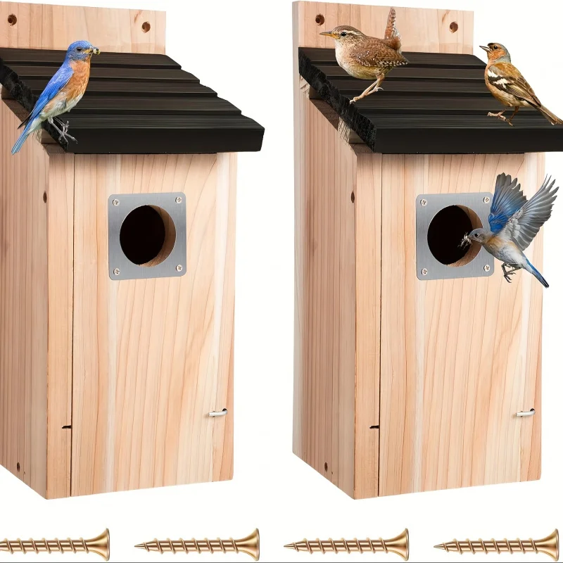 

2pcs Cedar Bird Houses - 1.5" Hole w/Metal Guard, Secure Latch & Air Vents for Bluebirds/Wrens/Swallows, Outdoor Wall-Mountable
