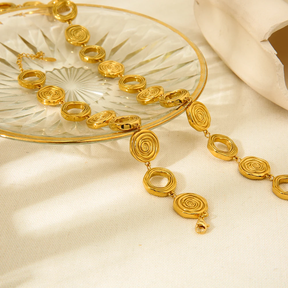 Vintage Edelstahl PVD 18K vergoldet Swirl Circle Chain Statement Choker Halskette Armband für Frauen Wasserdichter Schmuck – Detail 5