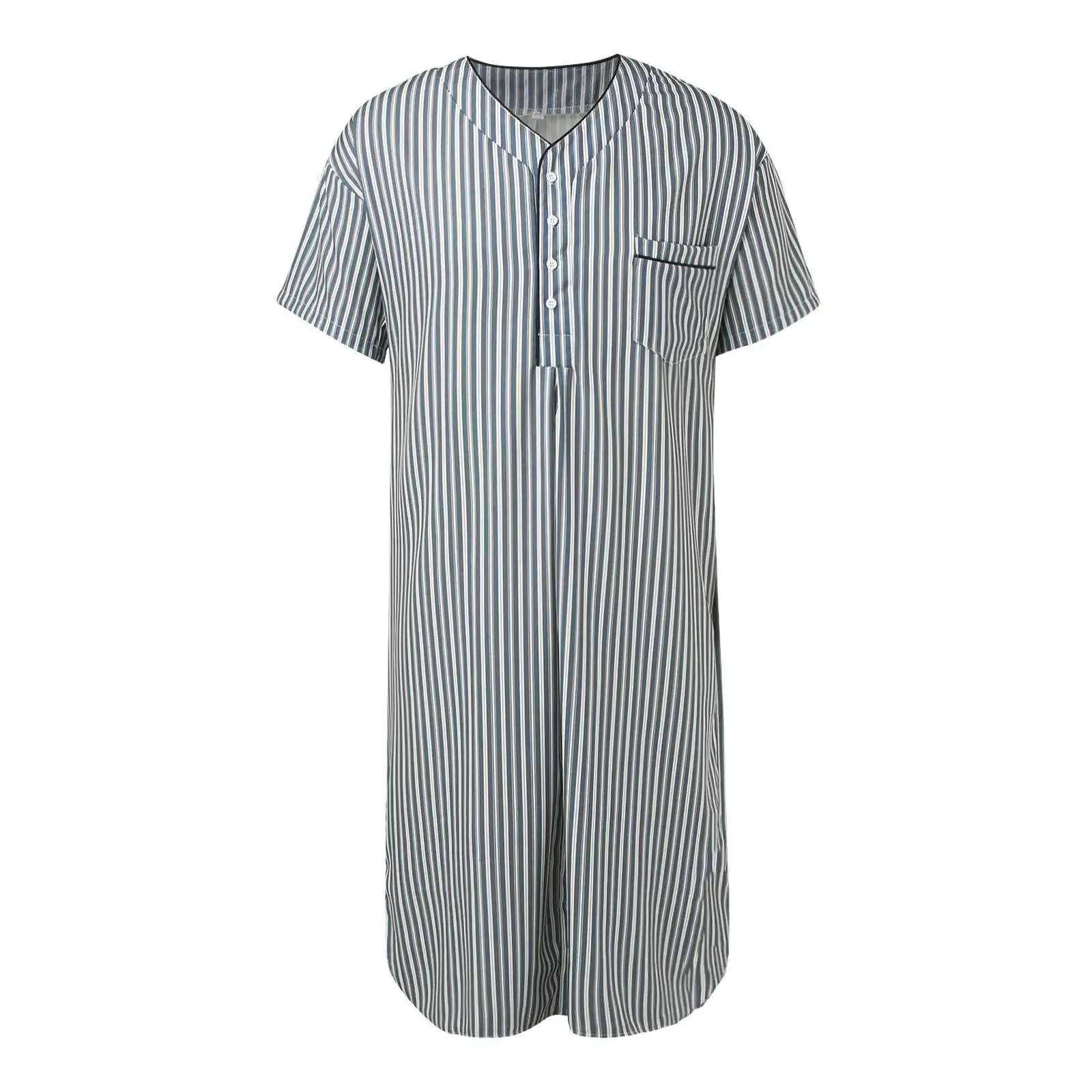 Men’s Summer Thin Muslim Thobe Striped Nightgown V-neck Button Home Clothes Loose Nightdress Arabic Moroccan Kaftan Jubba Tunics