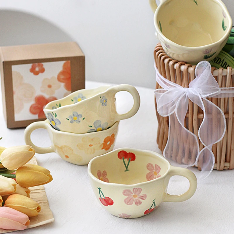 

Korean retro hand-hold flower cup home mug Mug Water Cup breakfast oatmeal cup coffee cup hand-painted underglaze color