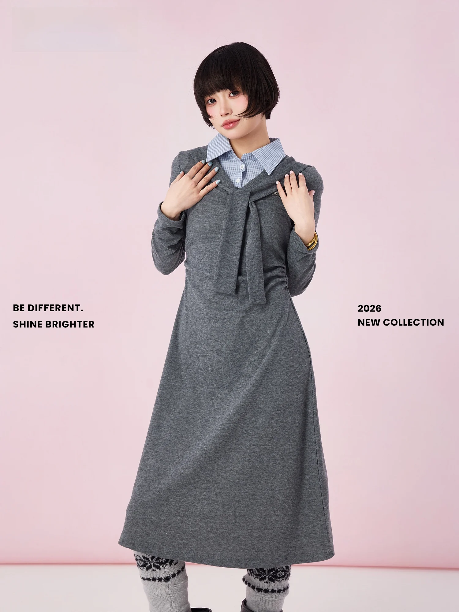 

Didimax Original Plaid irt Patchwork Slim Fit ey Dr Casual H Version Polyester Fiber Ladies Long Sve Spring New
