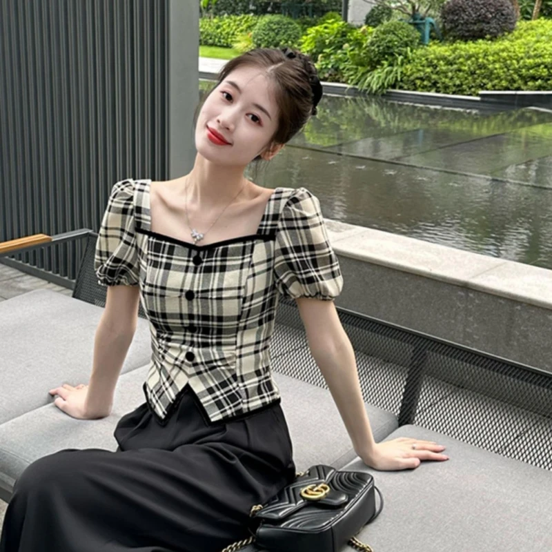 Plaid Puff Sleeve Shirt Top Women's Short Sleeves