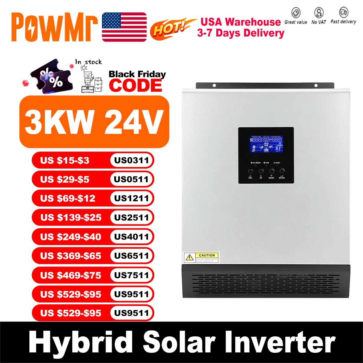 PowMr 3KW عاكس للطاقة الشمسية الهجين 24 فولت إلى 110 فولت 120 فولت 2400 واط موجة جيبية نقية PWM 50A جهاز التحكم بالشحن بالطاقة الشمسية وشاحن تيار متردد للمنزل