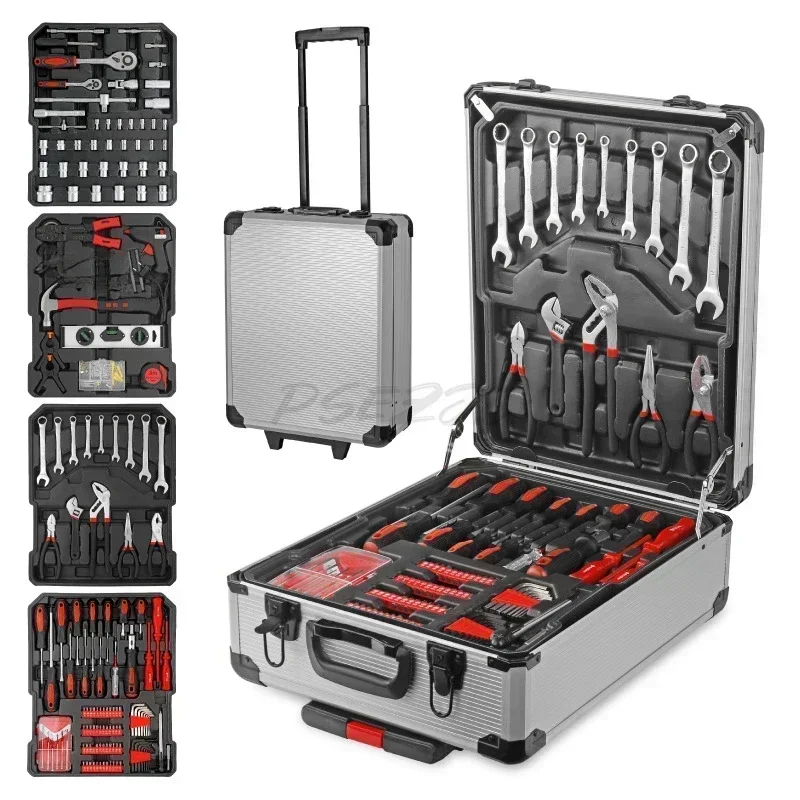 

Portable white pull rod toolbox box, professional 399 piece household car maintenance manual toolbox set, pull rod box