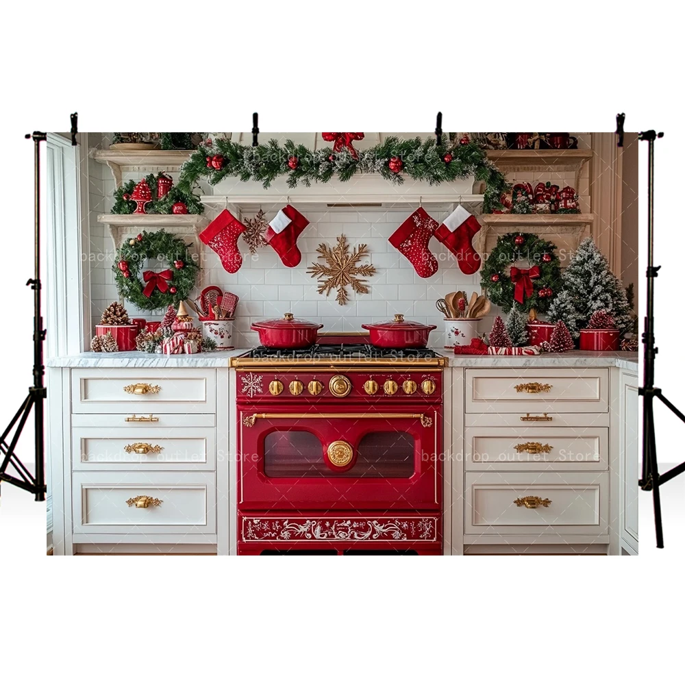 Mehofond Christmas Kitchen Photography Background Winter Red White Cupboard Kids Family Portrait Decor Backdrop Photo Studio