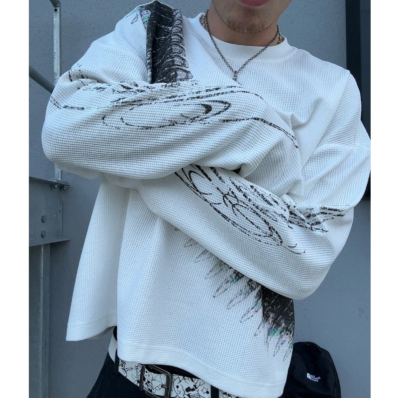 2025 جديد y2k رصاصة رسالة مطبوعة الأمريكية الرجعية كم طويل تي شيرت الشارع نمط عادية فضفاض الرجال والنساء #5