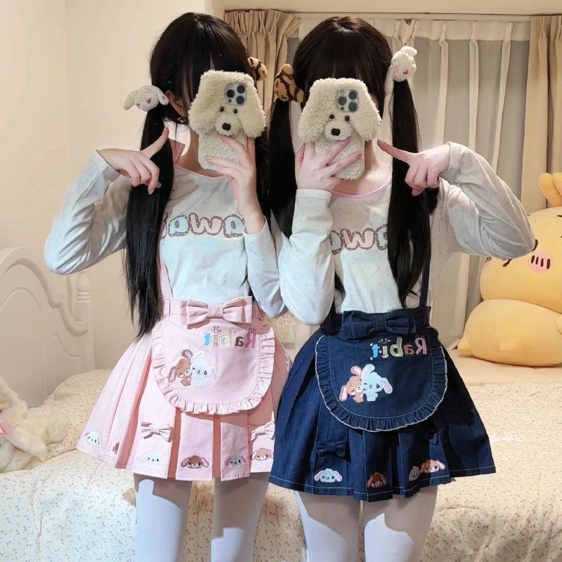 Kawaii bonito lolita estilo saia conjunto japonês feminino doce dos desenhos animados impressão camiseta arco coelho denim suspender saias harajuku y2k terno