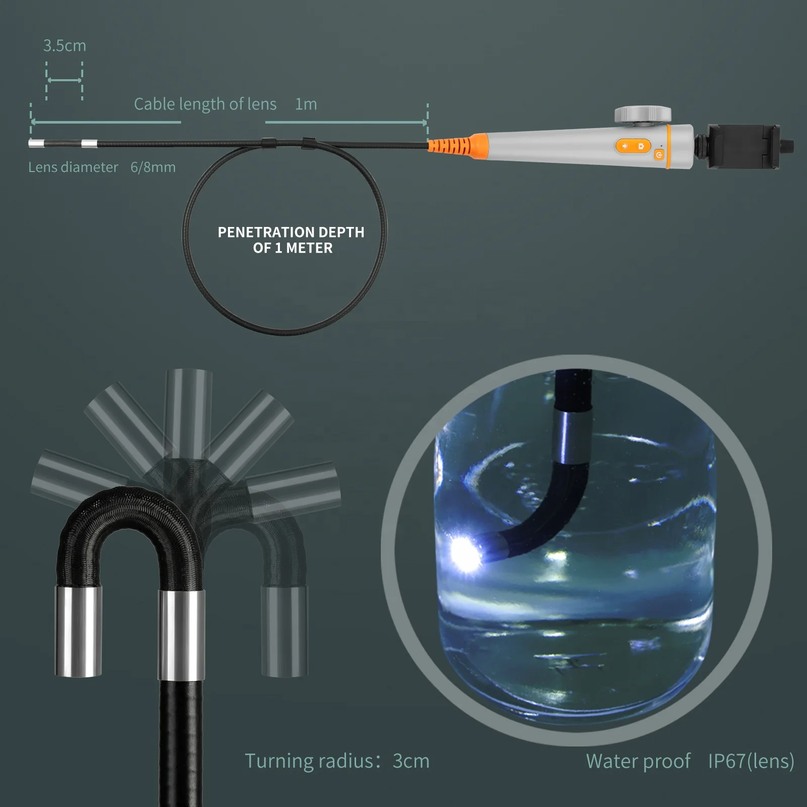 Portable Wireless Wifi 180deg Turning Full Hd Mini Endoscope Camera Module Pipe Workpiece Inspection Industrial Endoscope Camera