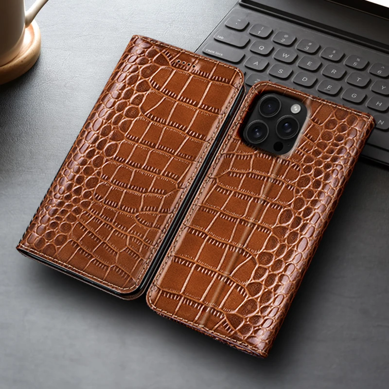 

Crocodile Genuine Leather Flip Case For Apple iPhone Apple iPhone 12 13 14 15 16 16e 17 Pro Max Plus Mini Air Cover Card Cases