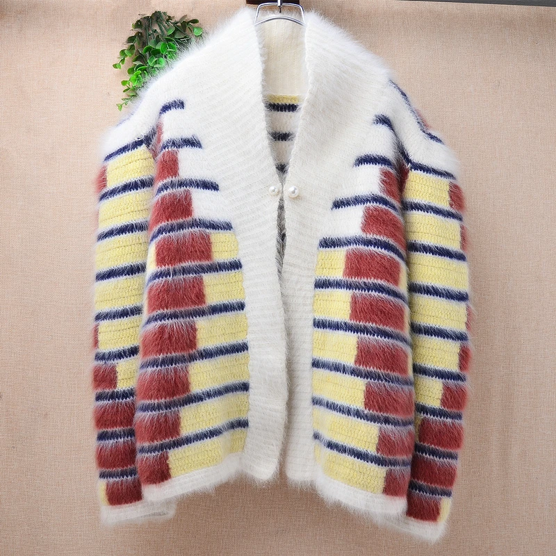 

Ladies Women Autumn Winter Sweater Striped Soft Hairy Angora Rabbit Hair Knitted Long Sleeevs Short Style Loose Cardigan Mantle