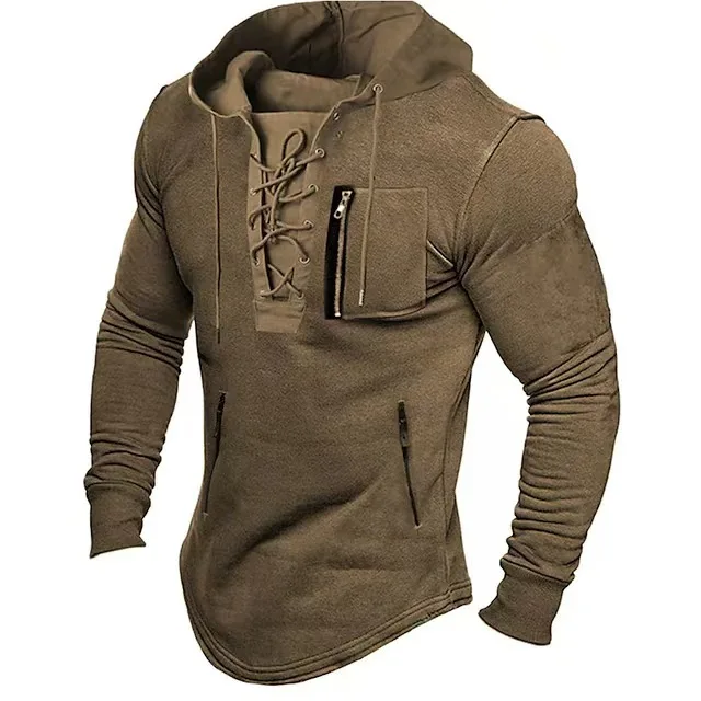 Loose Fit Long Sleeve Fitness  Shirt Breathable Drawstring Hooded Base Layer Top for Men Casual Urban Style Polyester