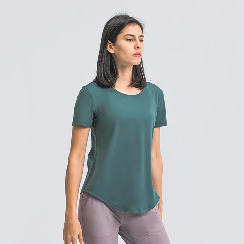 Yoga with brand logo sports casual women solid round neck short sleeve curved hem loose T-shirt light breathable quick dry smock