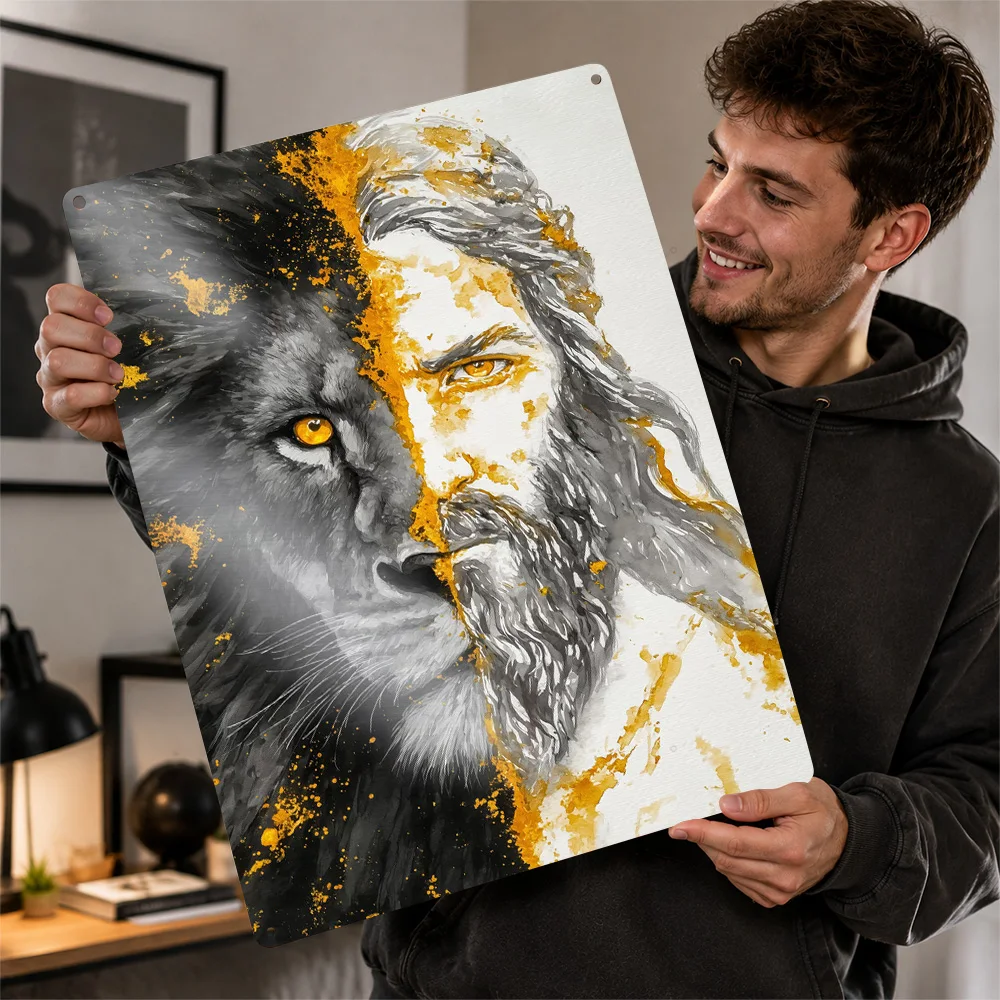 Lion And Jesus Split Face Printed Poster Painterly Wall Art For Home Office Personalized Aluminum Metal Sign Faith Inspired Gift