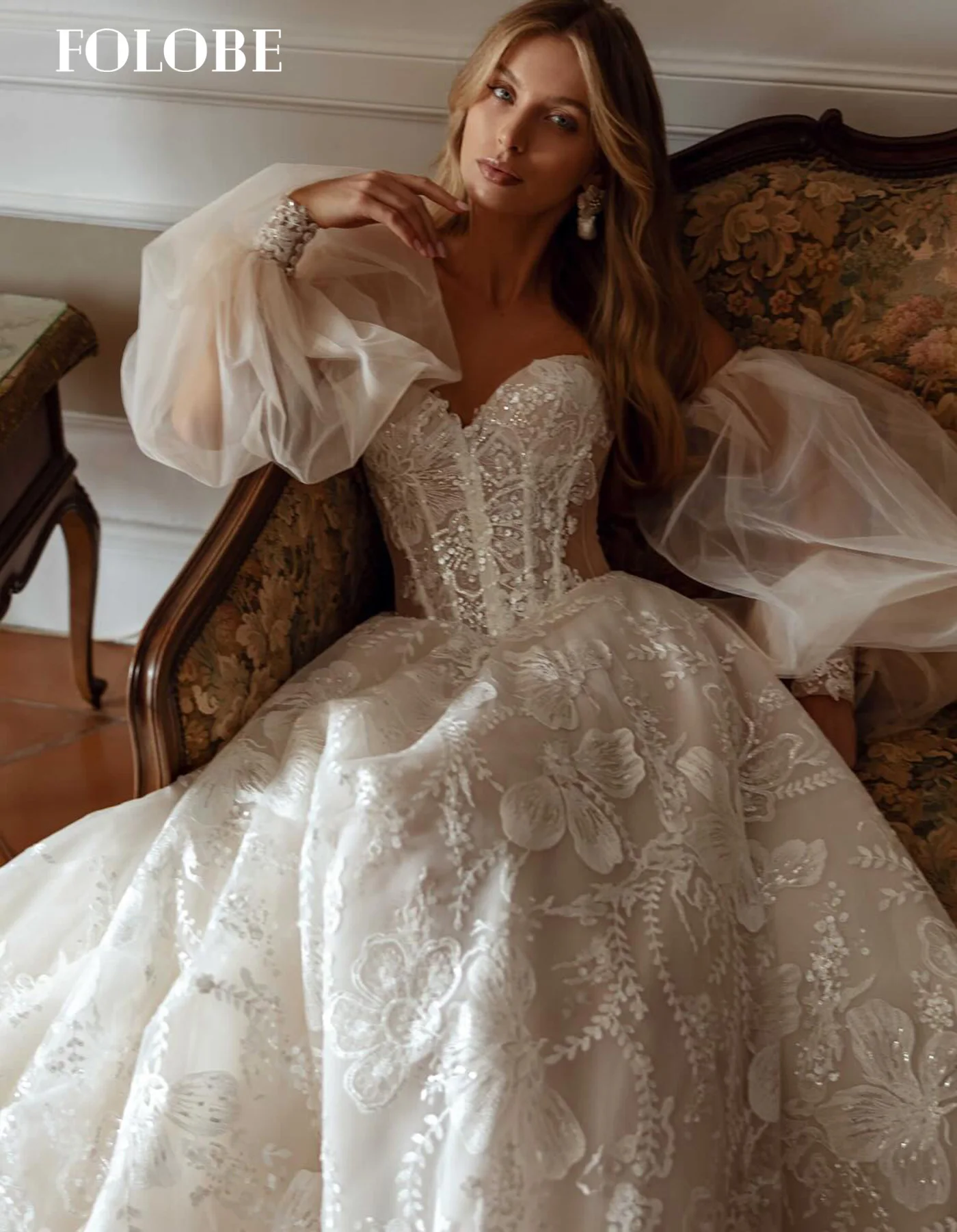 FOLOBE manches bouffantes blanc élégant a-ligne dubaï robes de soirée avec chérie robes de mariée robe de bal personnalisé