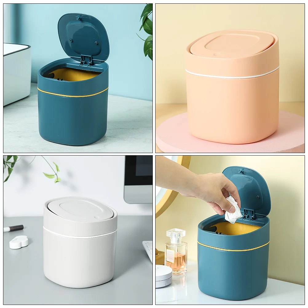 

Trash Can Bins Lid Mini Waste Paper Container Bucket Office Bathroom Garbage Reusable Plastic Kitchen Home Household