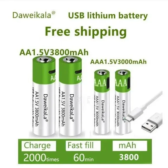 1.5V AA 3800mAh, AAA 3000mAh oplaadbare batterij USB lithium grote capaciteit muis vingerafdruk slot handvat snel opladen