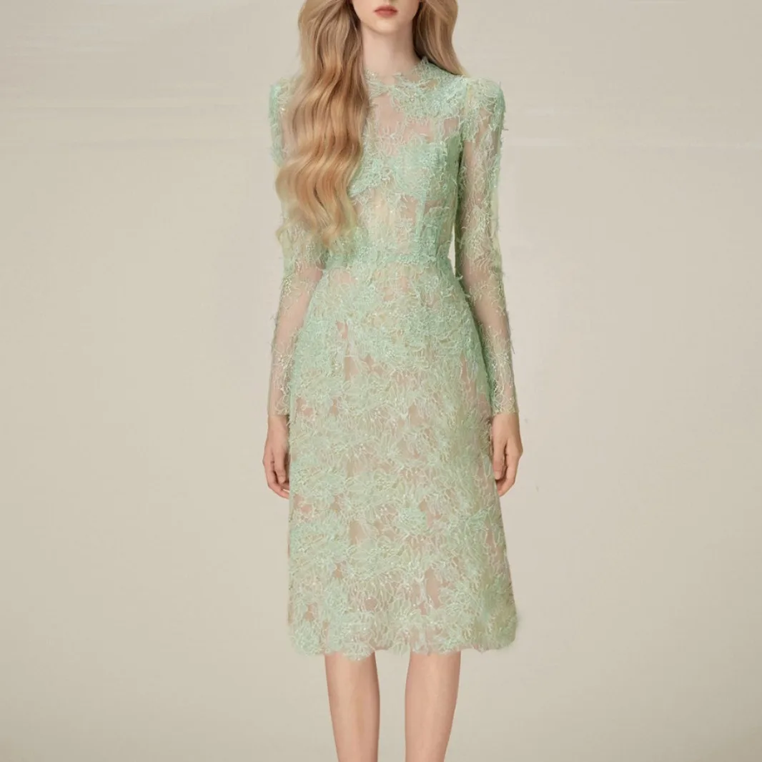 

2024 Early Spring New Elegant Green Short Dress Women Lace Sexy See-through Embroidery Round-Neck Long-Sleeved Dresses Female