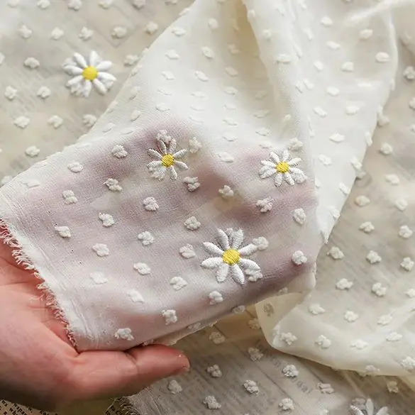 

New Little Daisy Embroidered Jacquard Fabric Swiss Dot Chiffon Tulle Fabric DIY Wedding Dress, Skirt, Home Decoration Fabric by